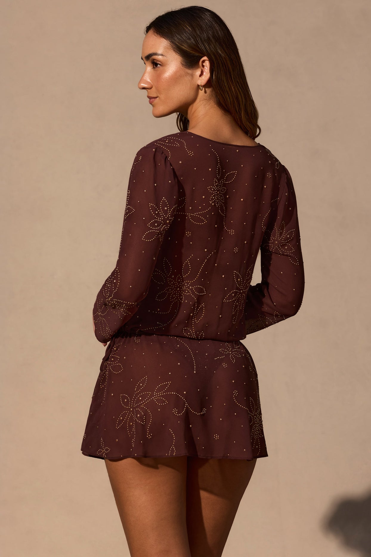 Long-Sleeve Mini Dress in Espresso Brown - 7