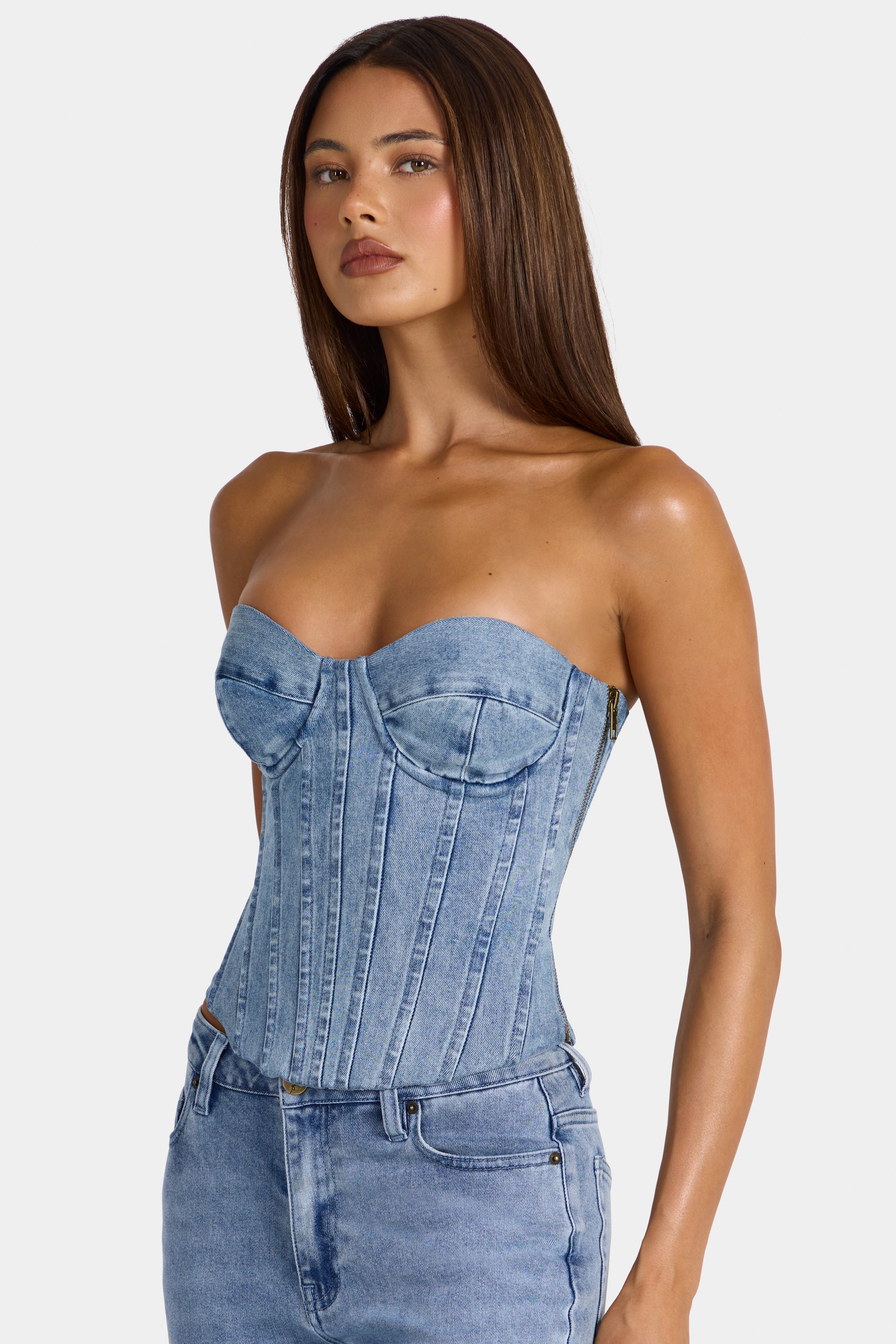 Denim Corset Top in Mid-Blue