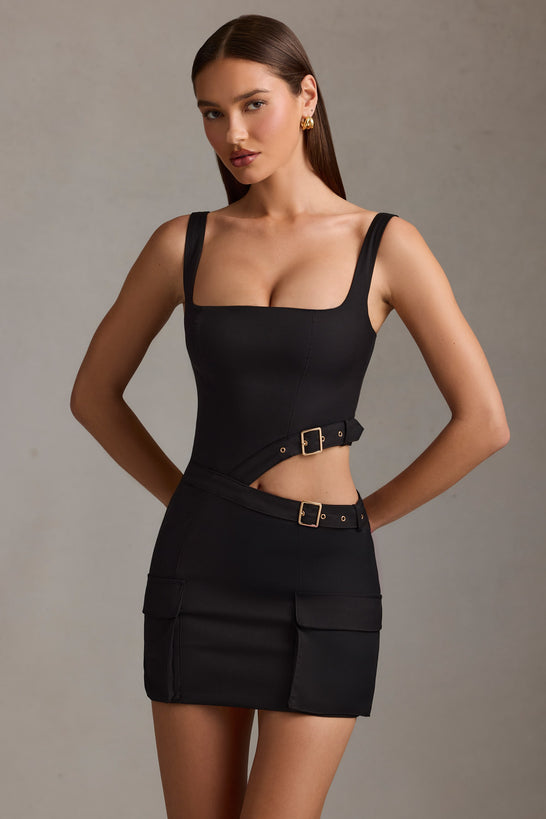 Belted Cut-Out Mini Dress in Black