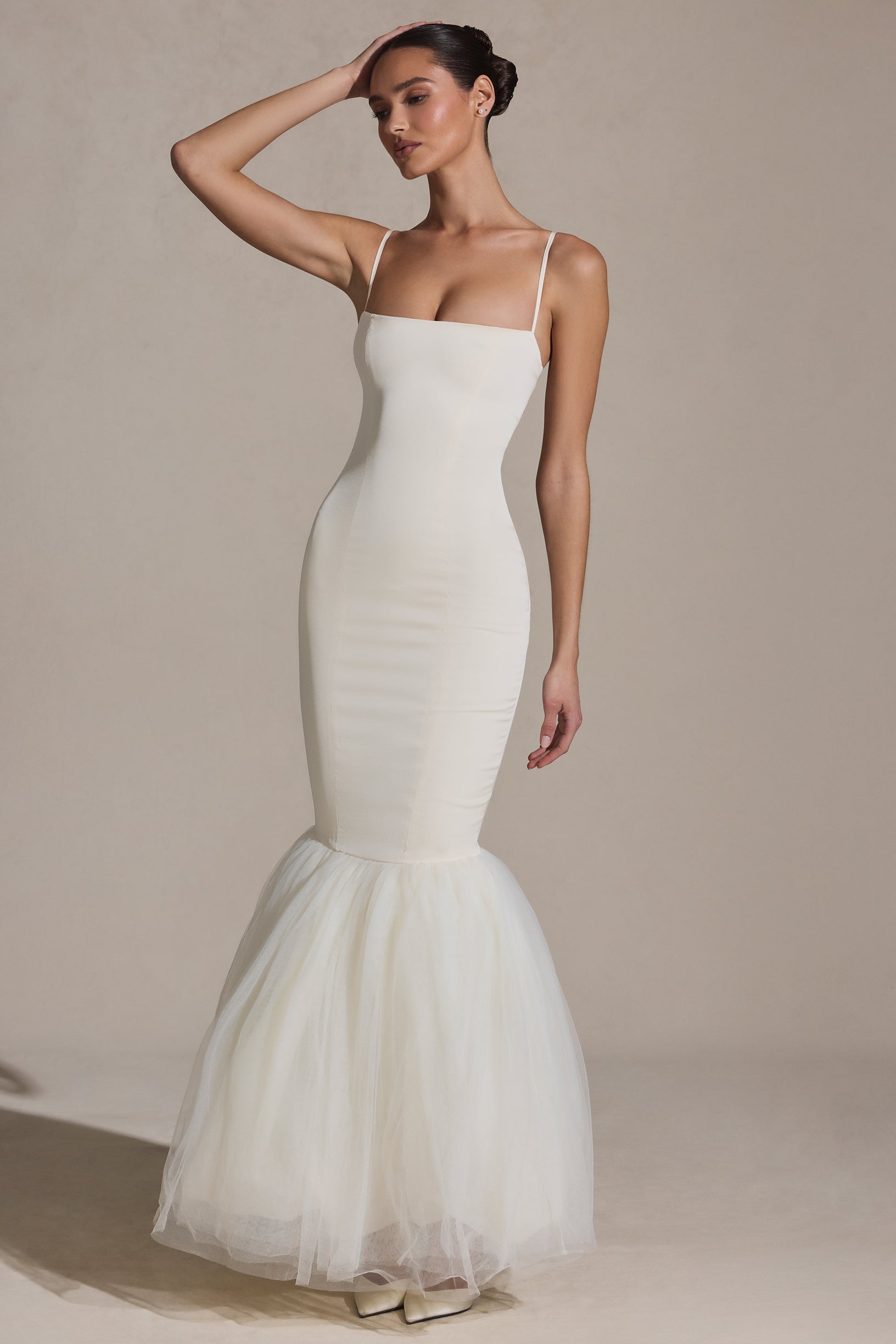 Tulle Hem Fishtail Gown in Ivory - 1