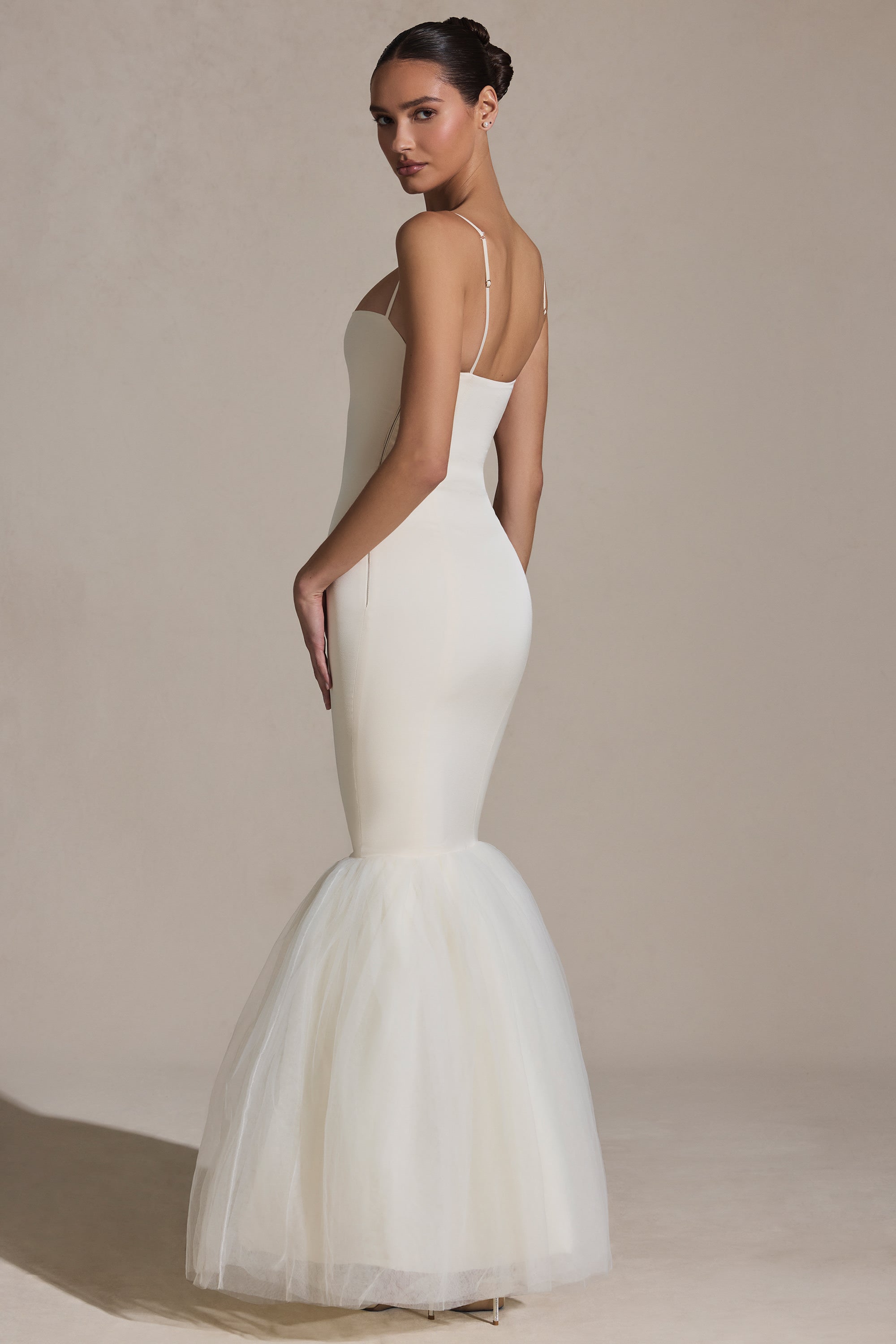 Rosette Embellished Corset Tulle Skirt Midi Dress in Ivory