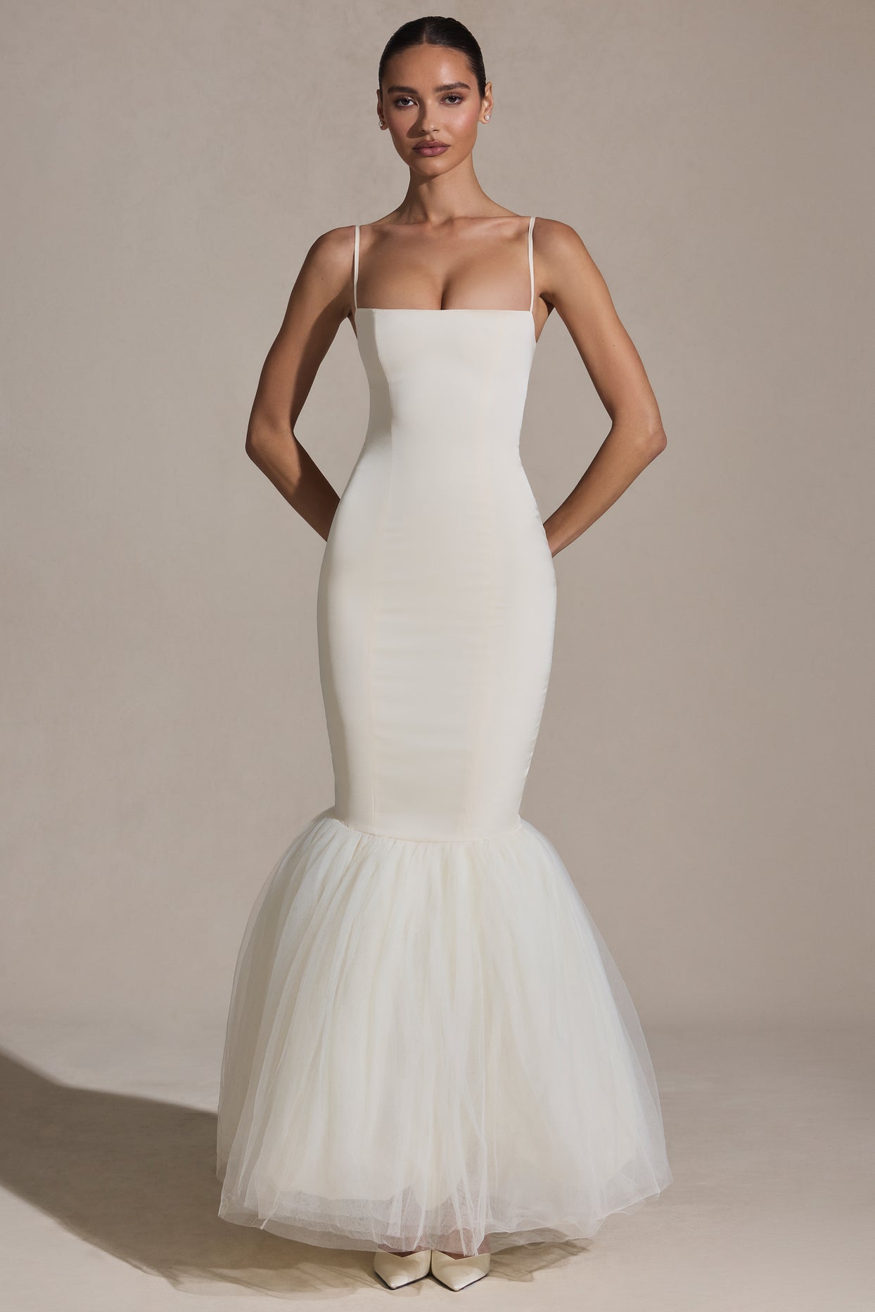 Tulle Hem Fishtail Gown in Ivory - 4