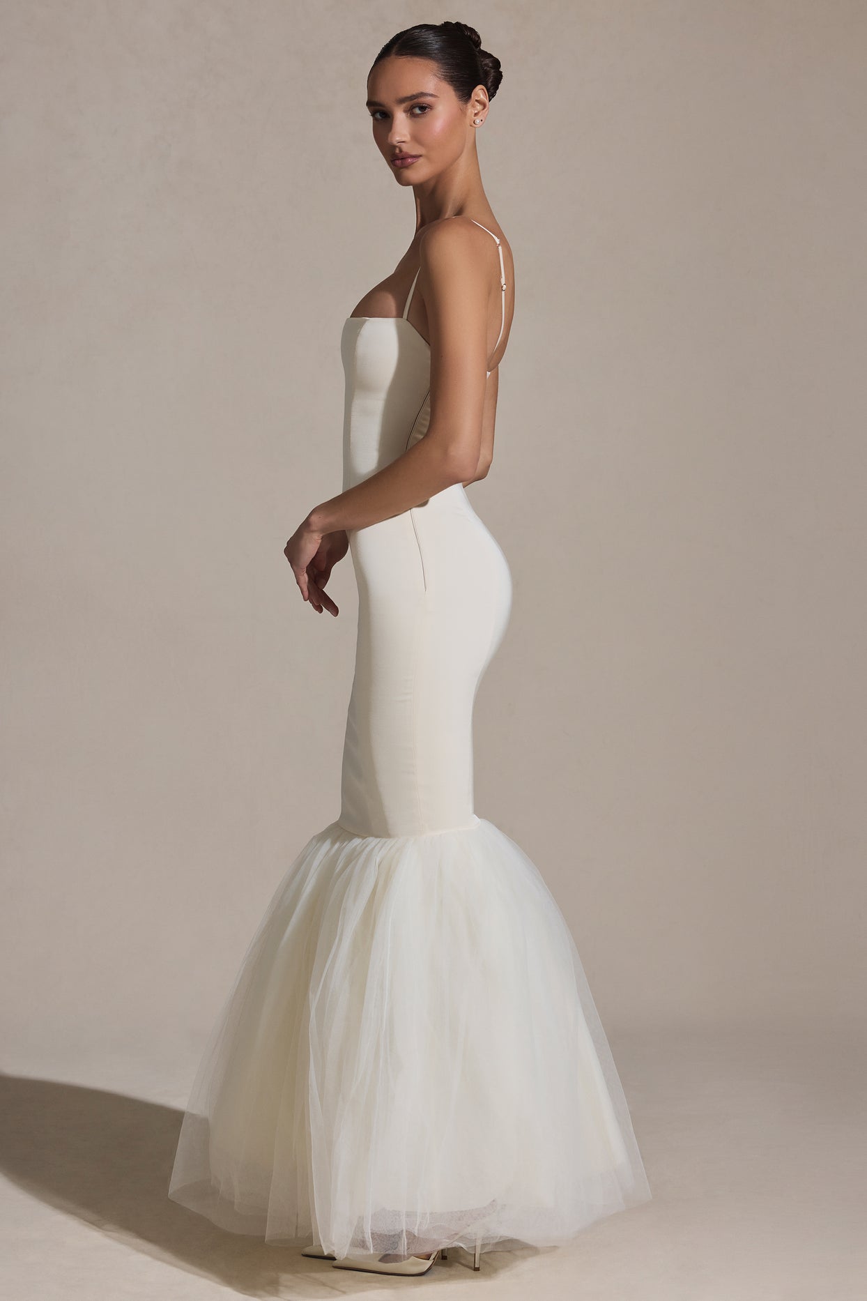 Tulle Hem Fishtail Gown in Ivory - 5