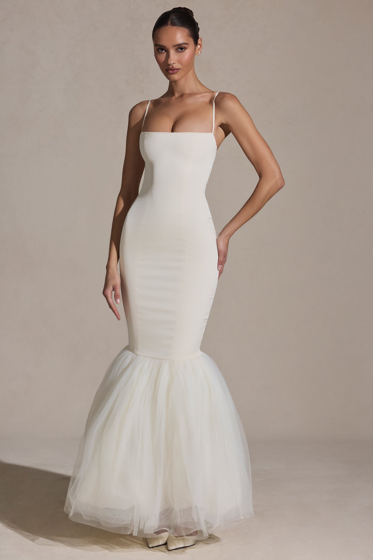 Tulle Hem Fishtail Gown in Ivory - 6
