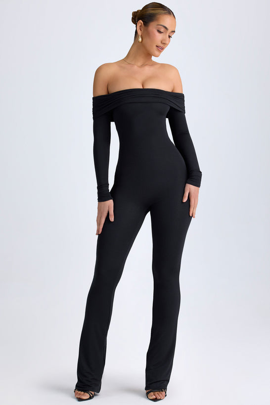 Petite Modal Off-Shoulder Ruched Jumpsuit in Black