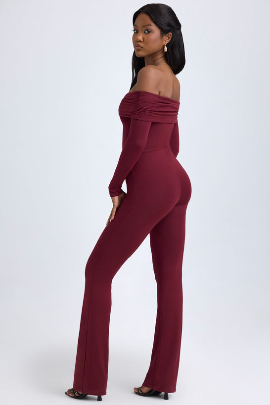 Petite Modal Off-Shoulder Ruched Jumpsuit in Wine Red