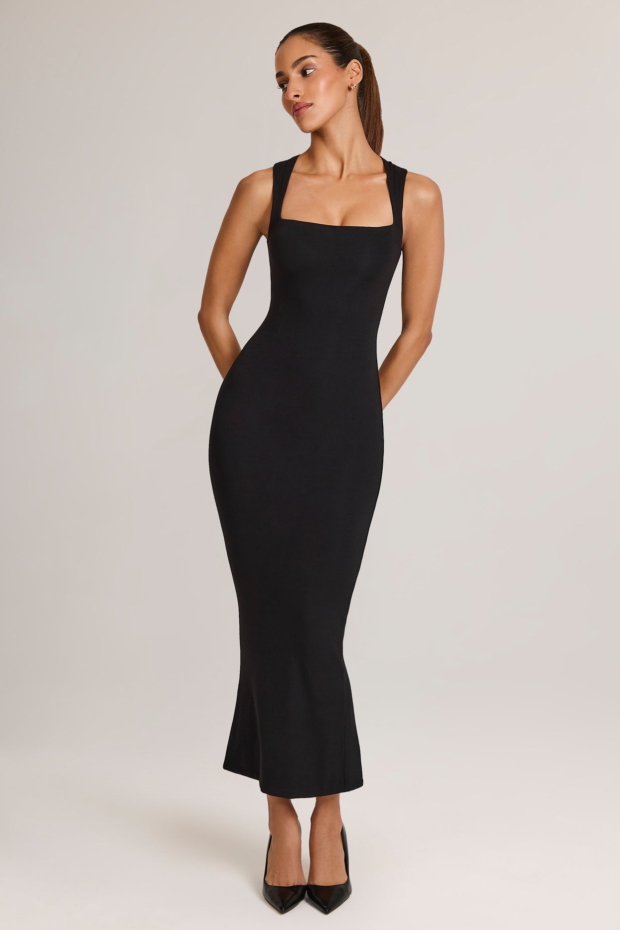 Modal Square-Neck Bodycon Midi Dress in Black - 1