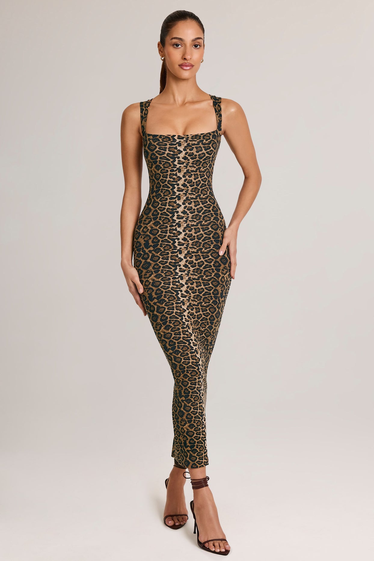 Modal Square-Neck Bodycon Midi Dress in Leopard Print - 4