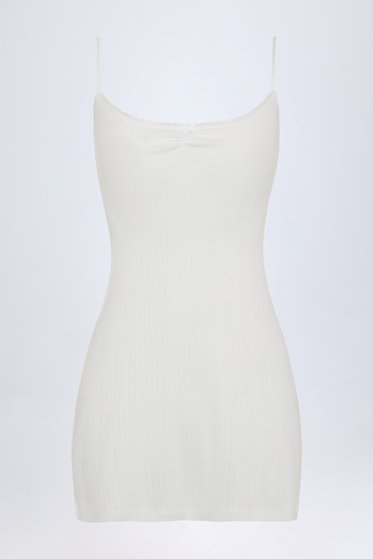 Pointelle Ruched A-Line Mini Dress in White - 3