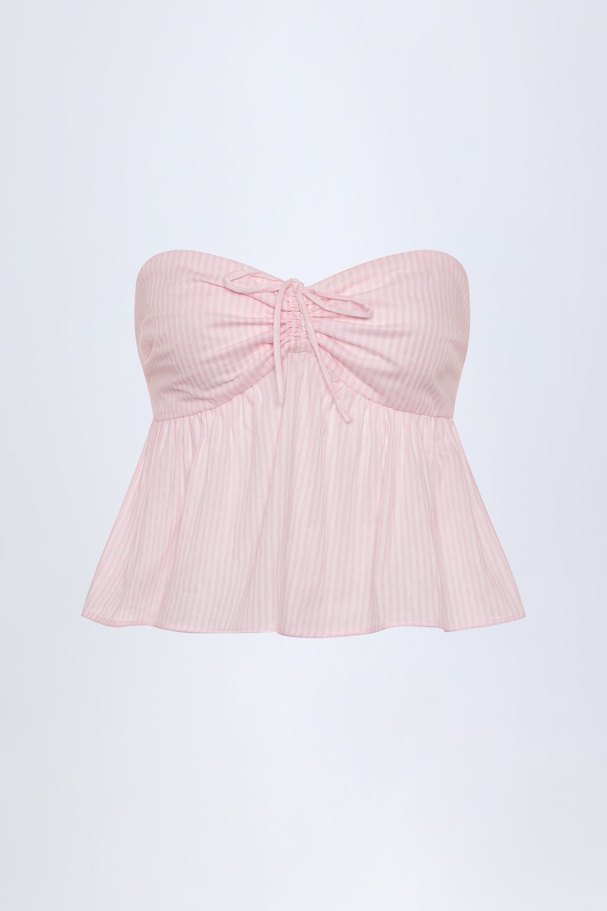 Tie-Front Strapless Cotton-Poplin Crop Top in Pink White Stripe - 3