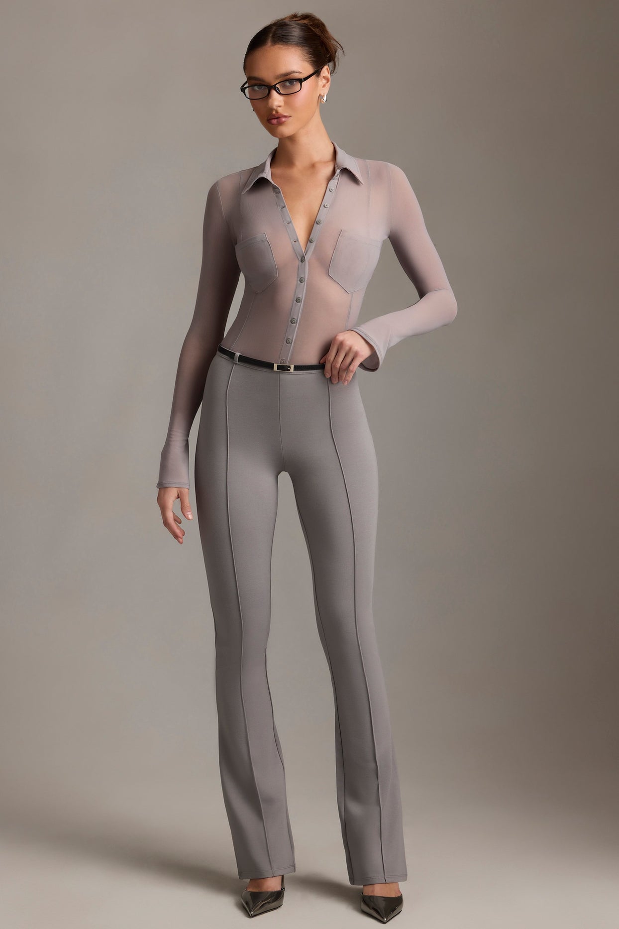 Low-Rise Flared Trousers in Grey - 1