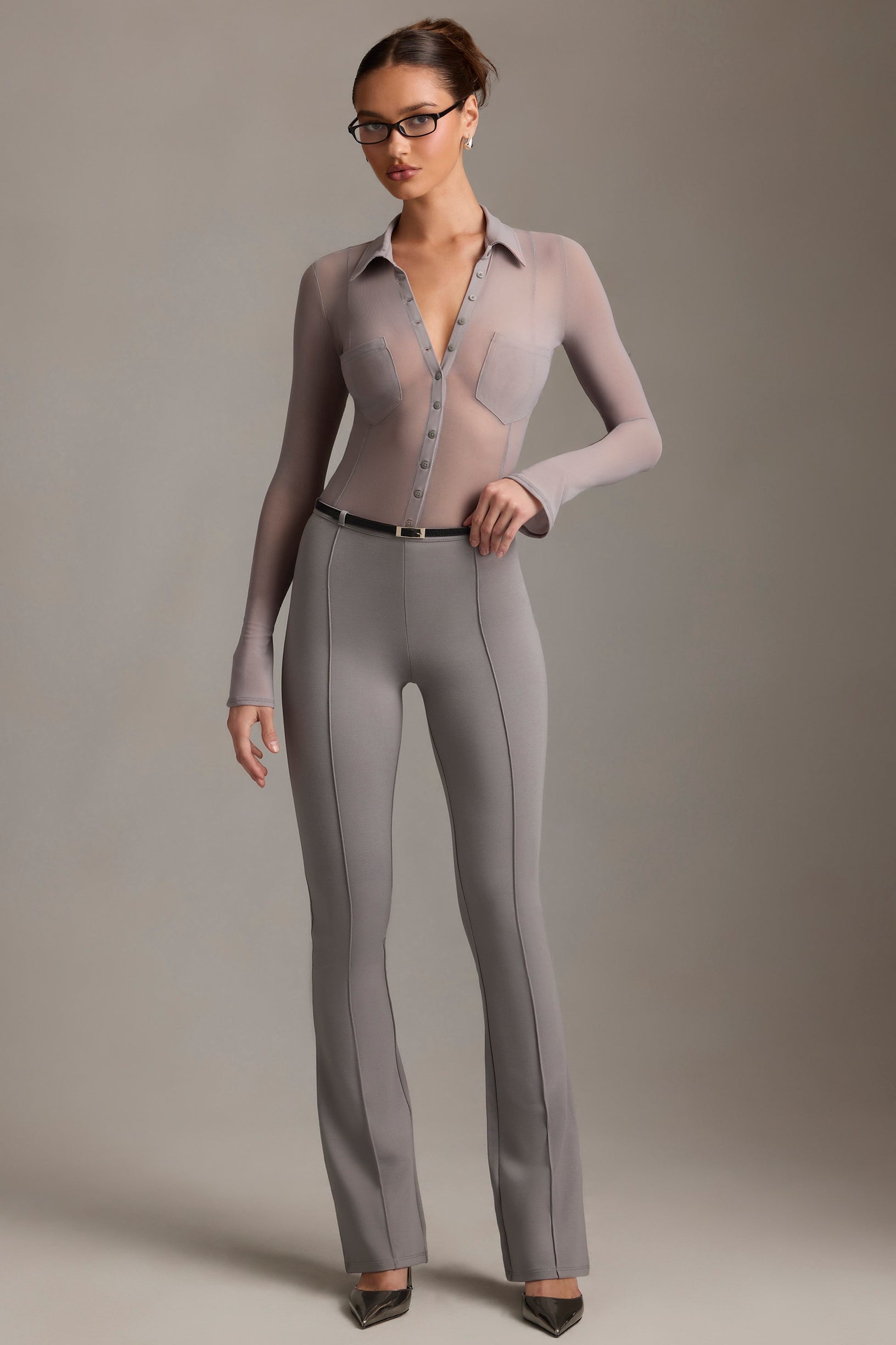 Low-Rise Flared Trousers in Grey - 1