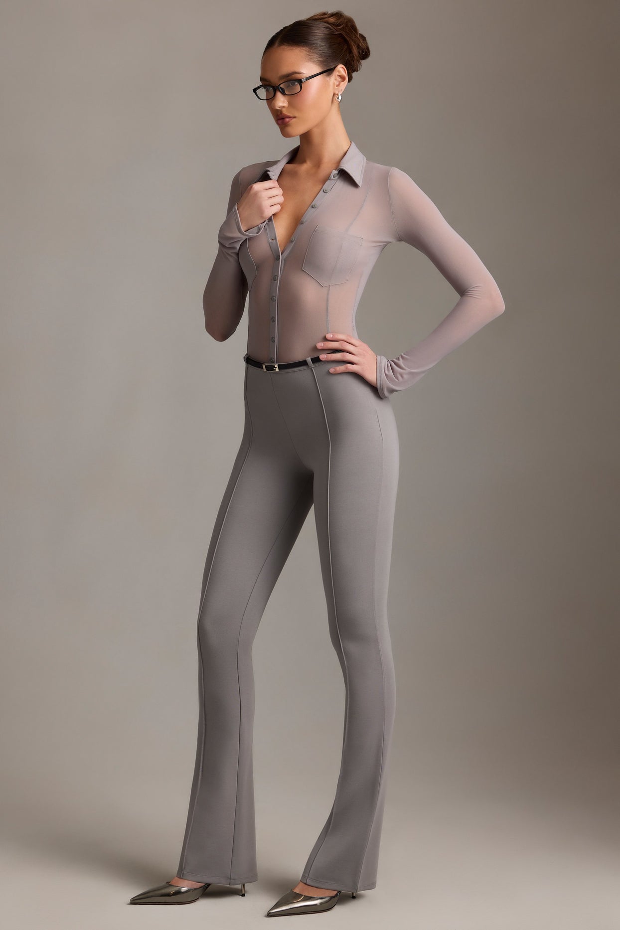 Low-Rise Flared Trousers in Grey - 6