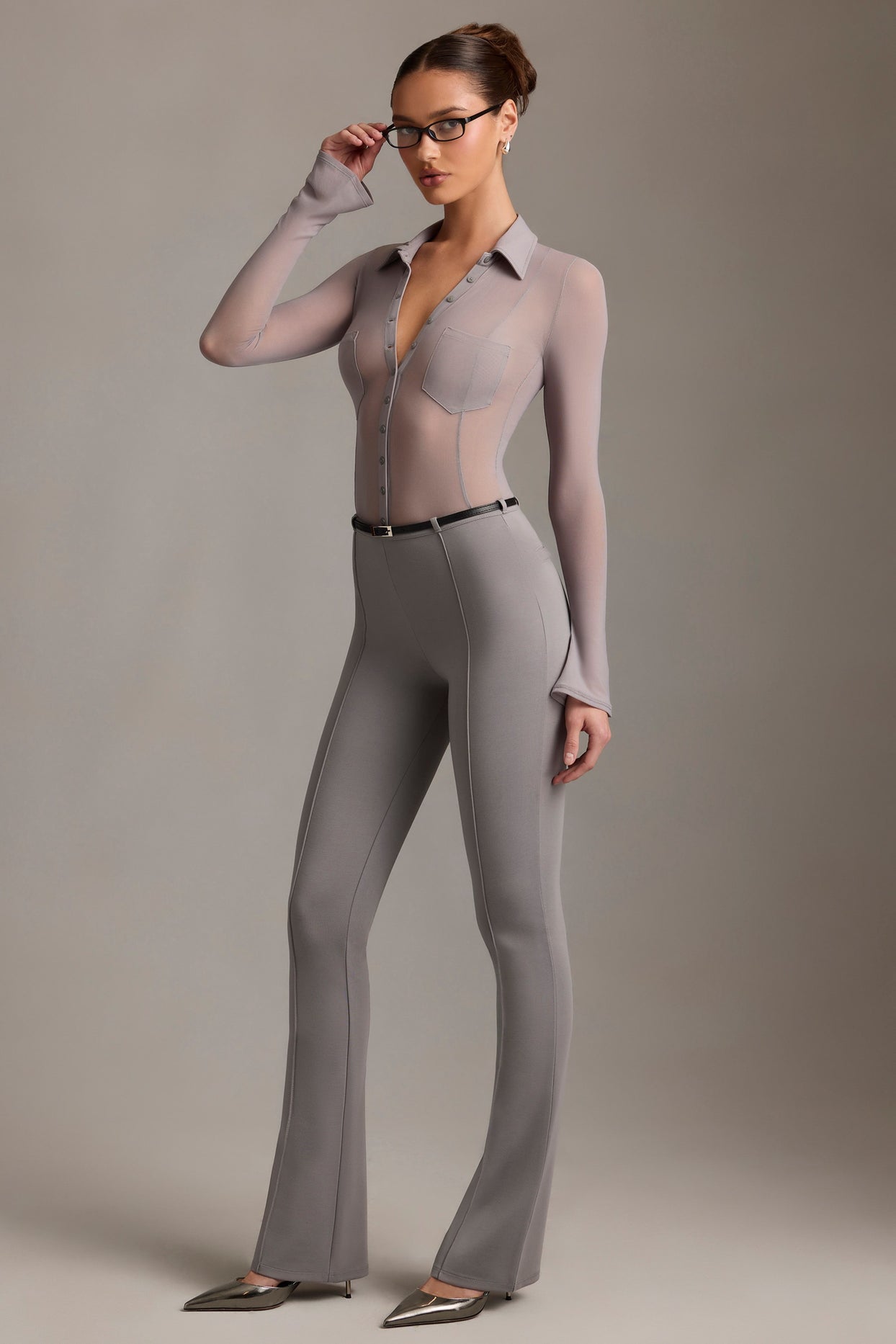 Low-Rise Flared Trousers in Grey - 8
