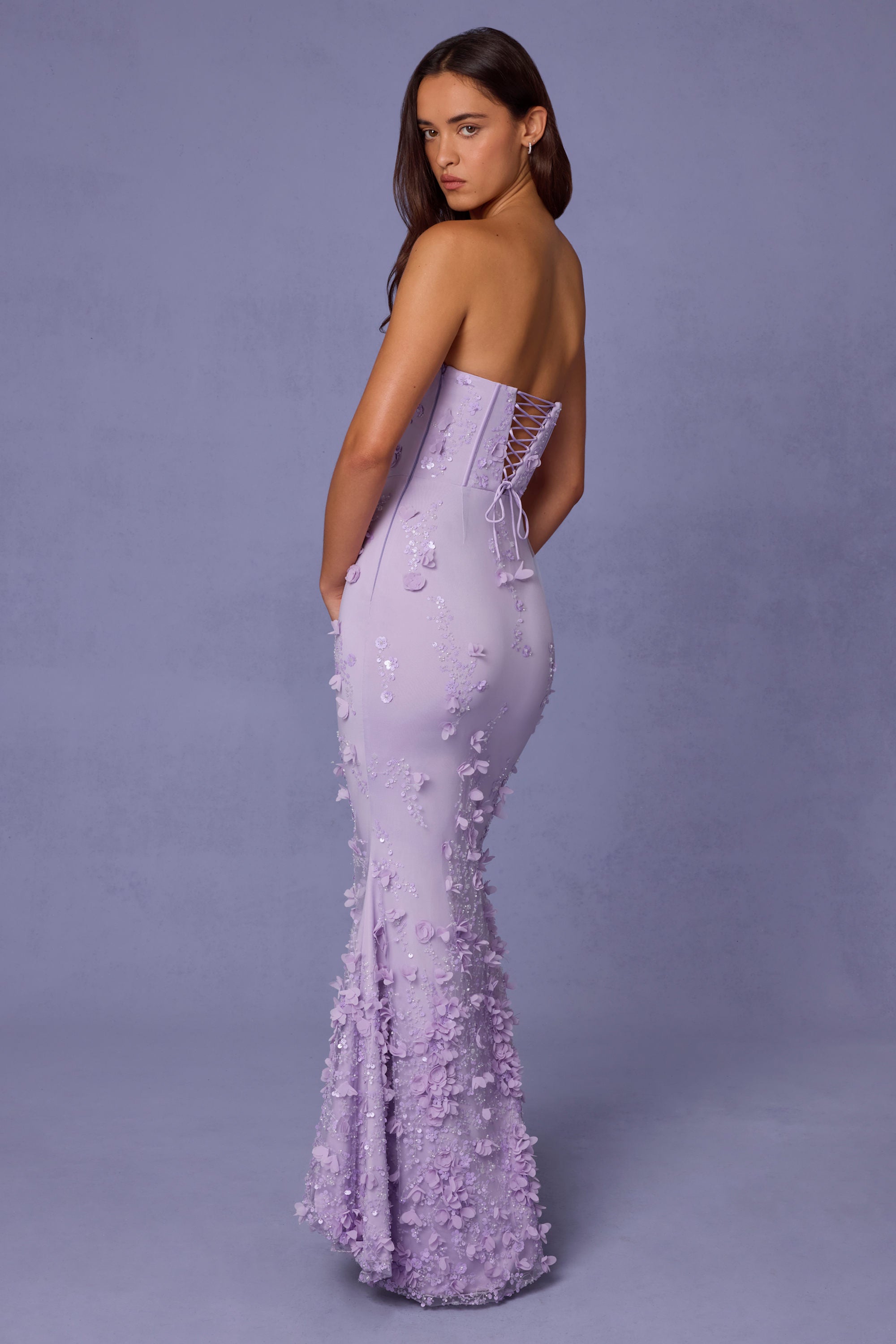 Sexy Diamond Corset Ruched High Slit Maxi Dress Lilac