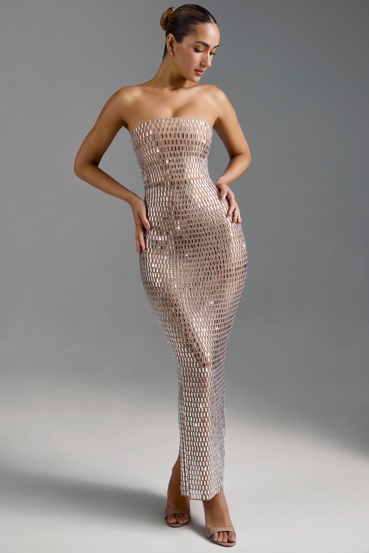 Embellished Bandeau Maxi Dress in Almond - 1