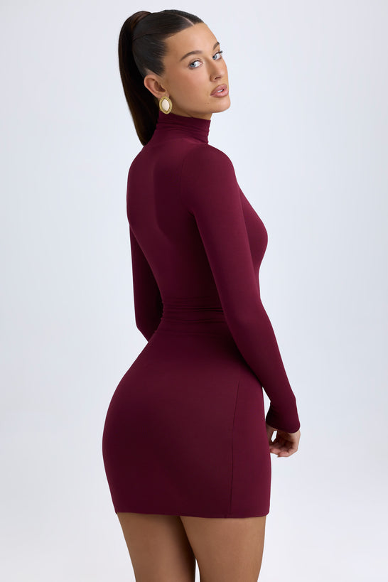 Modal Turtleneck Mini Dress in Wine Red