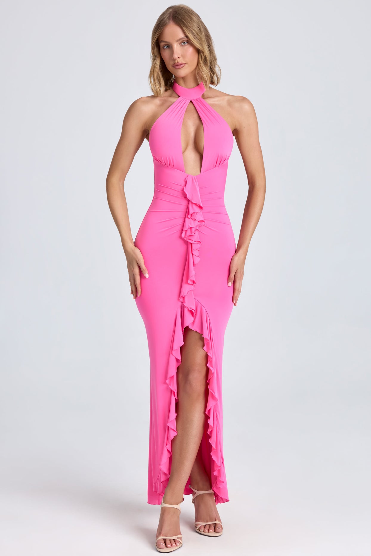 Ruffle-Trim Halterneck Gown in Lollipop Pink - 1