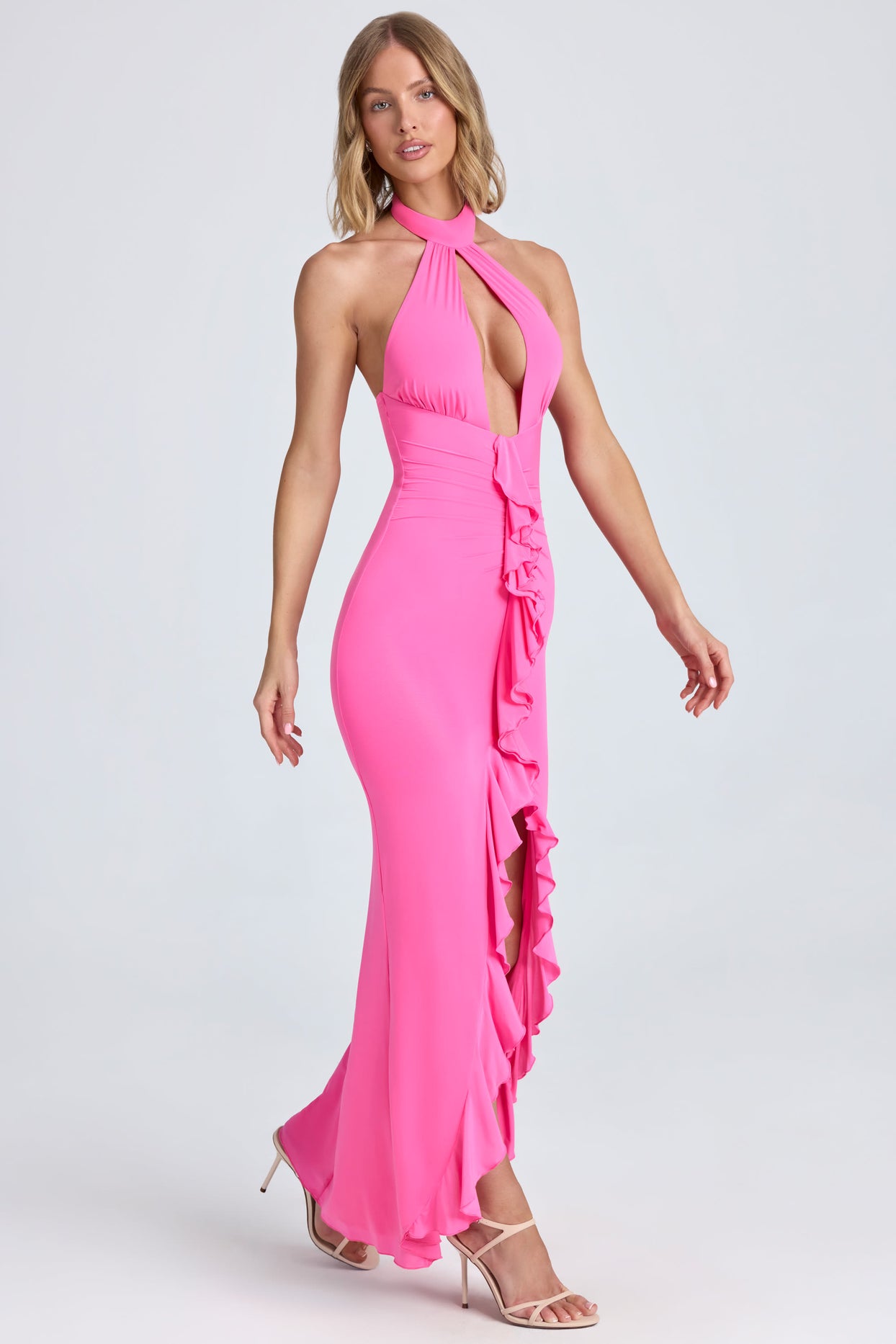 Ruffle-Trim Halterneck Gown in Lollipop Pink - 4