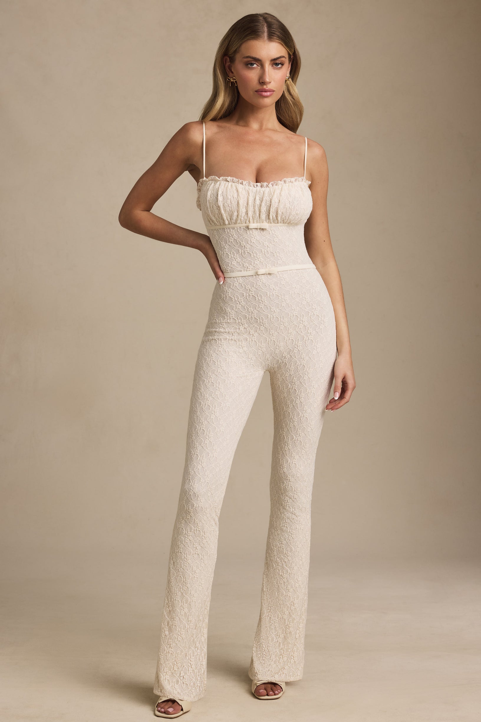 Bow-Detail Lace Flared Jumpsuit in Ivory - 1