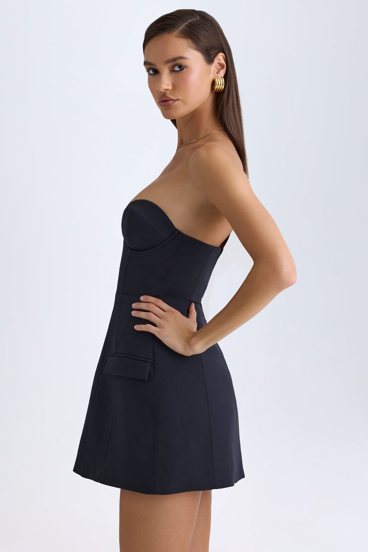 Strapless Structured Tulip Mini Dress in Black - 3
