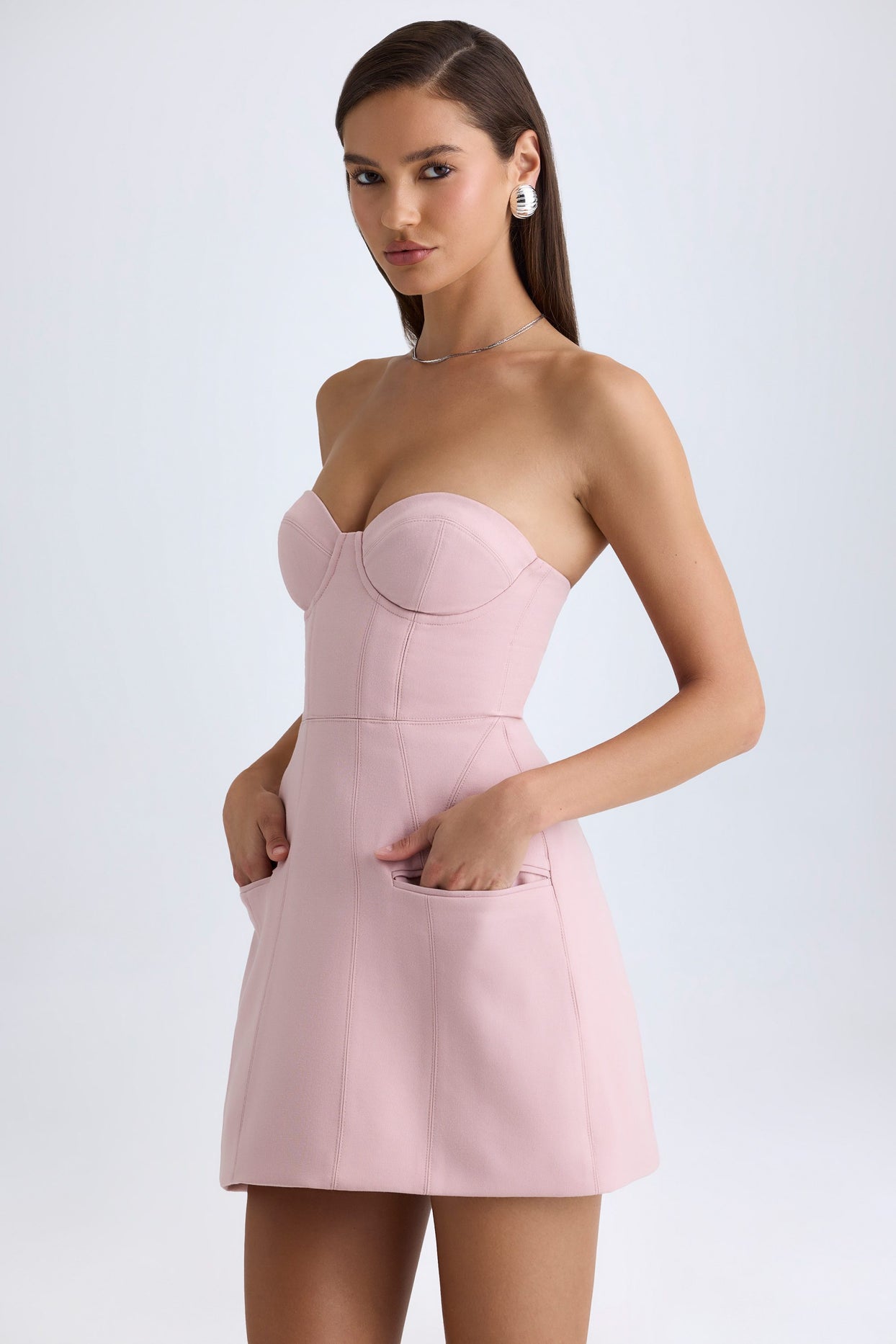 Strapless Structured Tulip Mini Dress in Pink Mauve - 5
