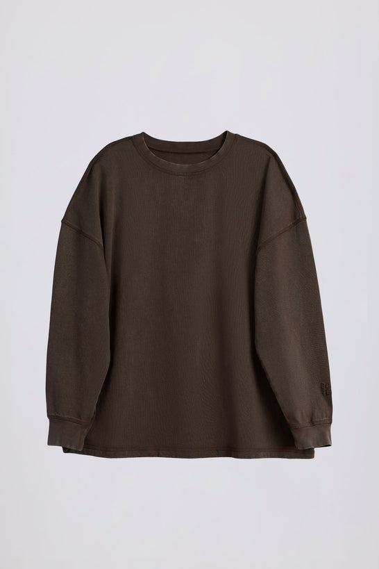 Acid Wash Long-Sleeve Oversized T-Shirt in Brown