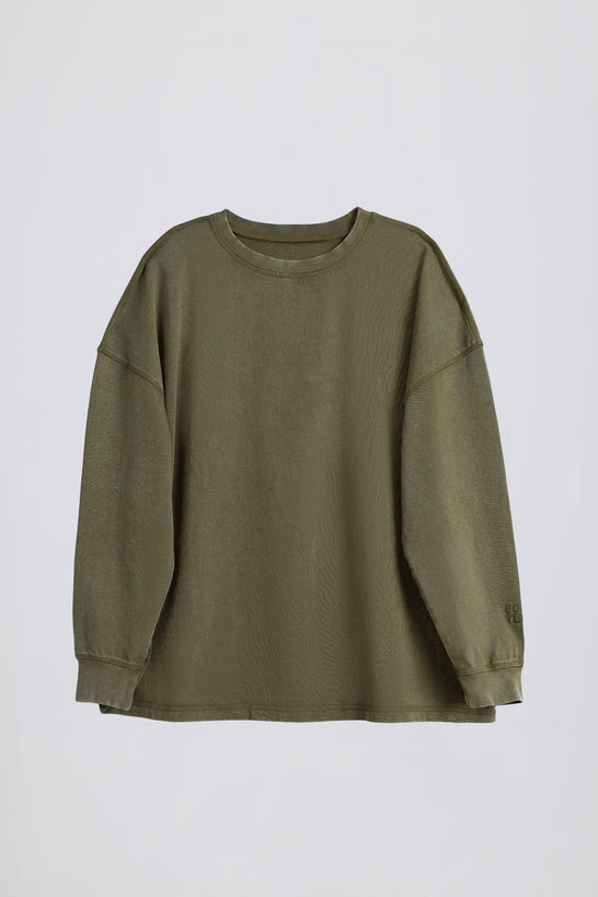 Acid Wash Long-Sleeve Oversized T-Shirt in Light Green