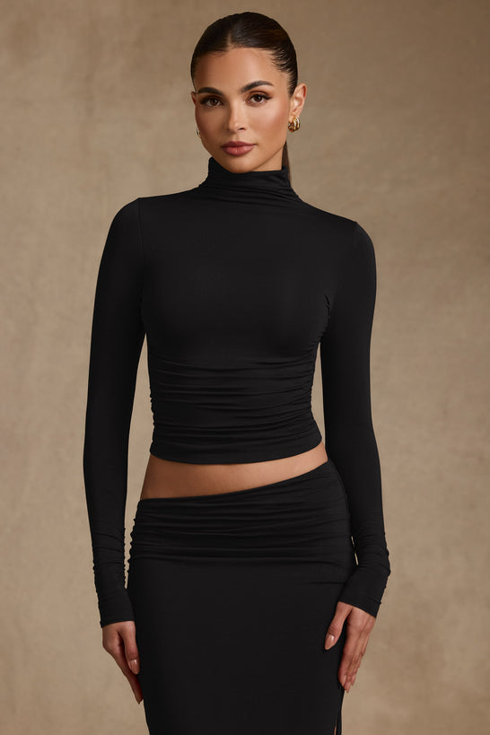 Modal Ruched Backless Turtleneck Top in Black