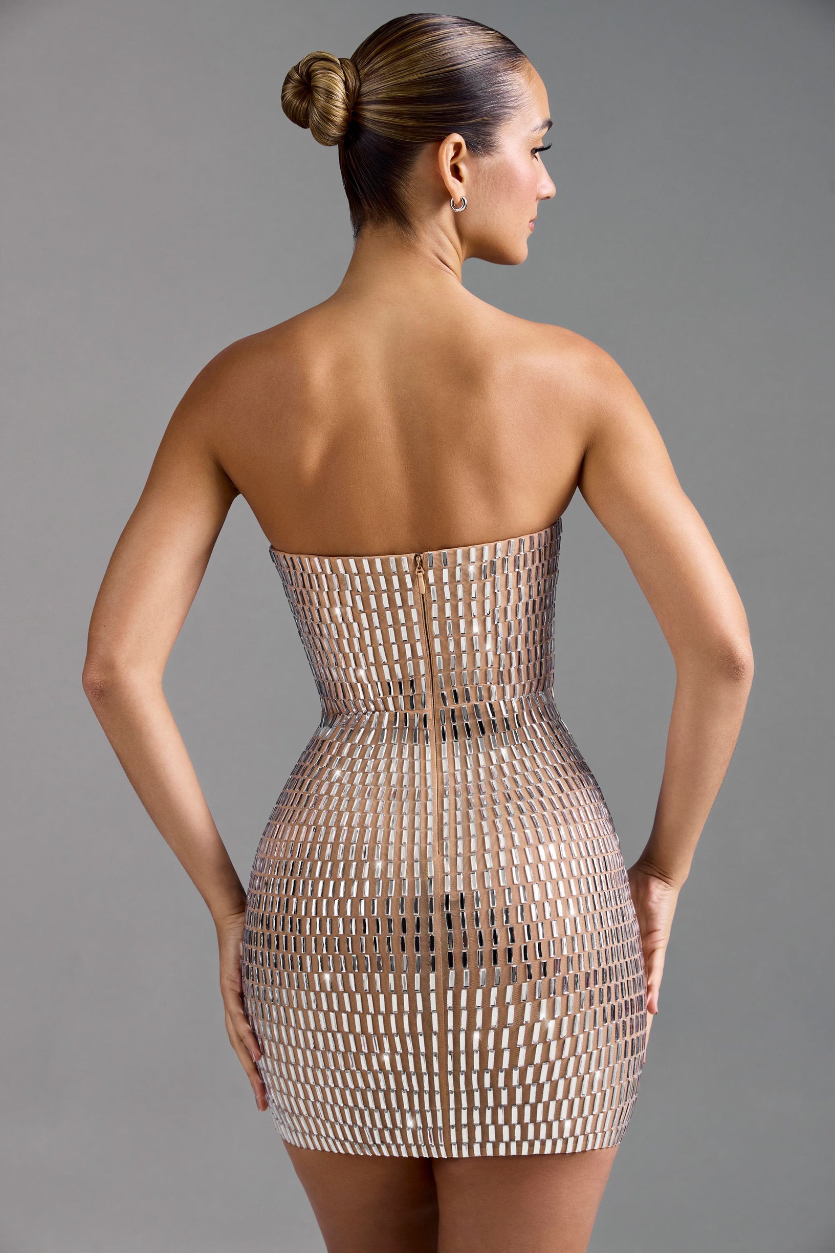 Embellished Bandeau Mini Dress in Almond - 2
