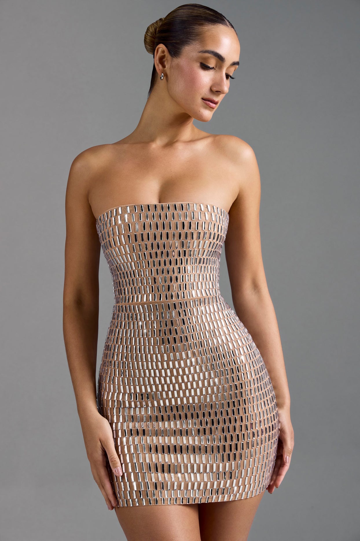 Embellished Bandeau Mini Dress in Almond - 8