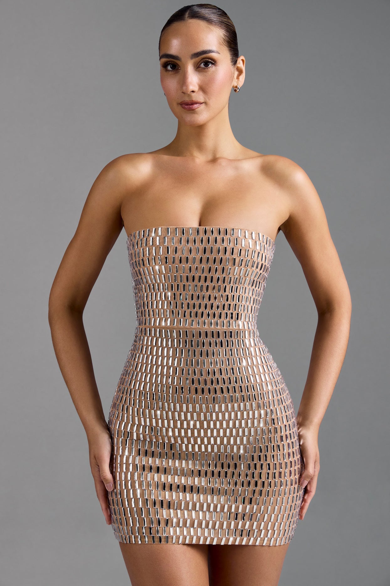 Embellished Bandeau Mini Dress in Almond - 9