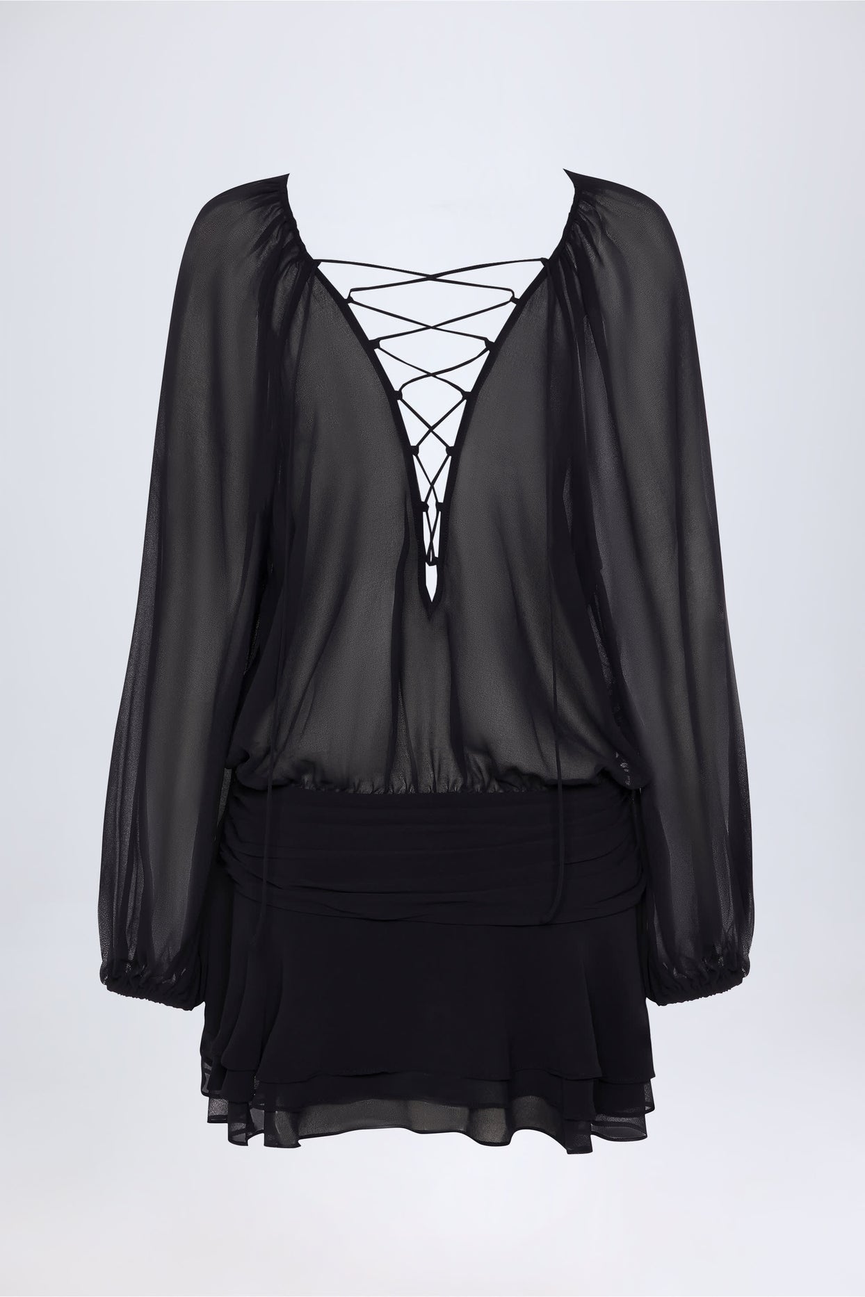 Lace-Up Balloon-Sleeve Mini Dress in Black - 1