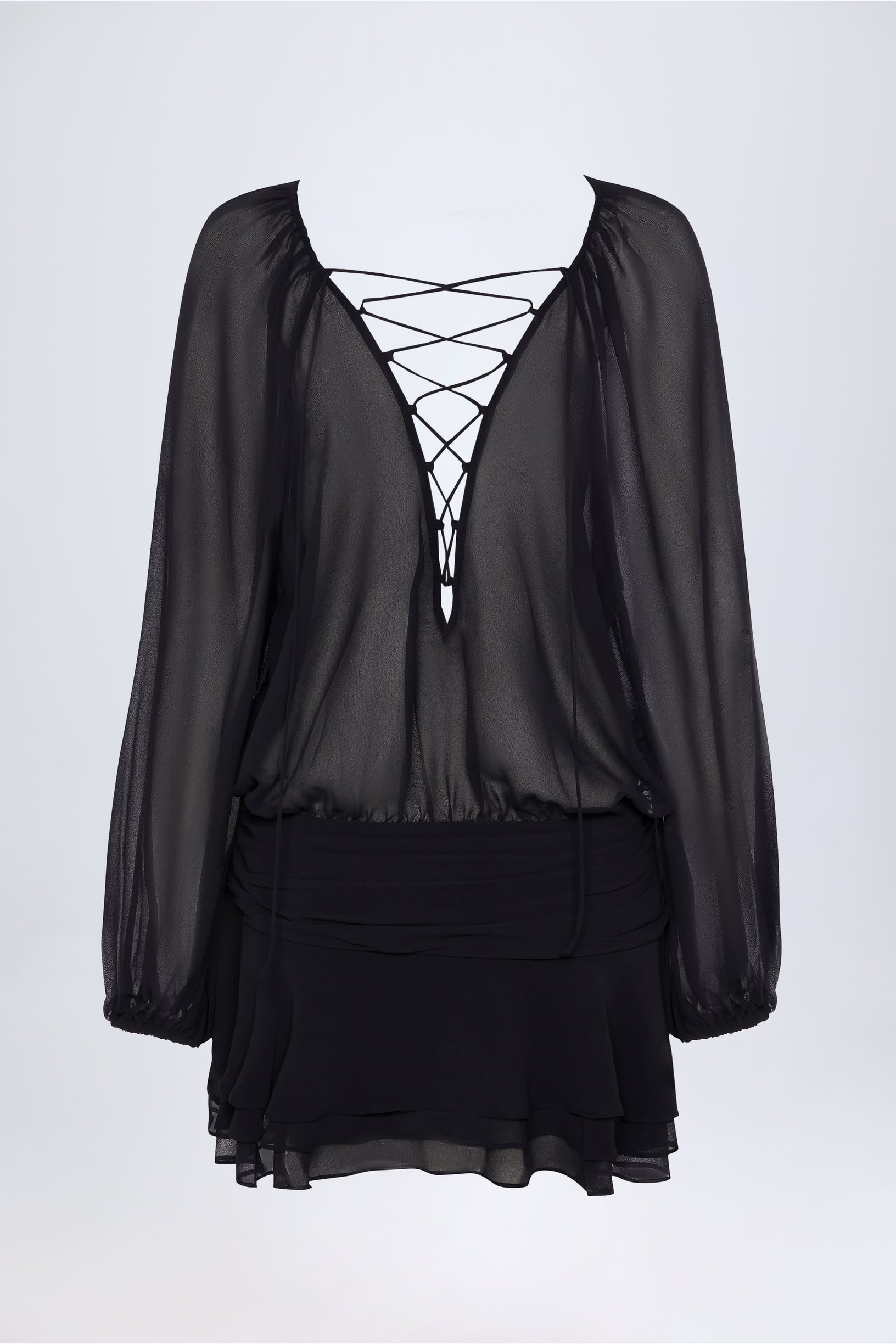 Lace-Up Balloon-Sleeve Mini Dress in Black - 1