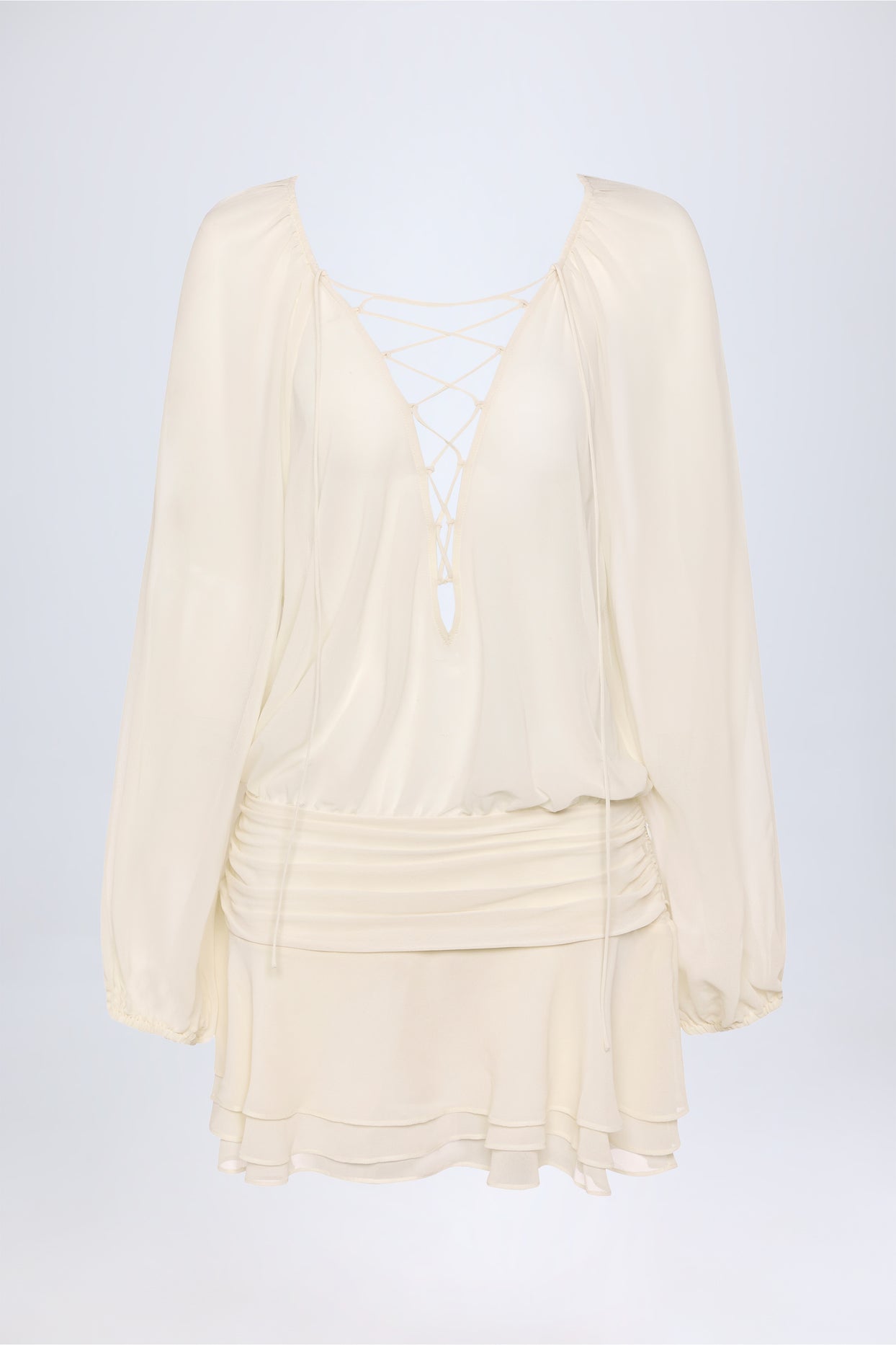 Lace-Up Balloon-Sleeve Mini Dress in Ivory - 1