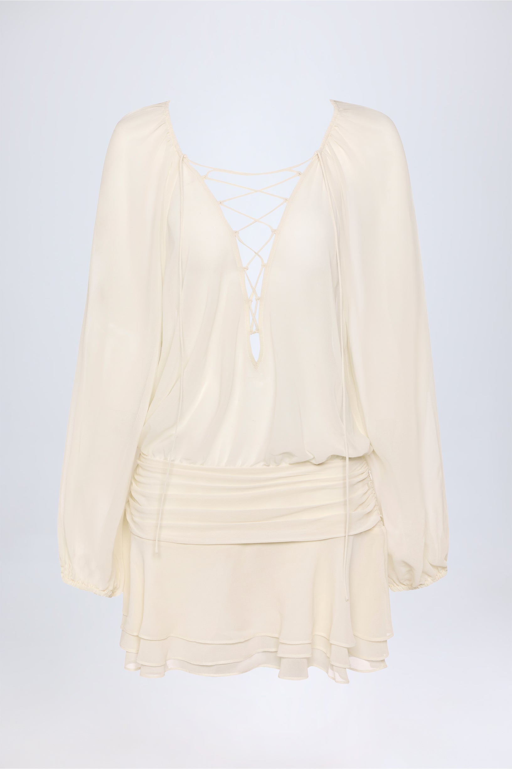 Lace-Up Balloon-Sleeve Mini Dress in Ivory - 1