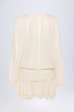 Lace-Up Balloon-Sleeve Mini Dress in Ivory