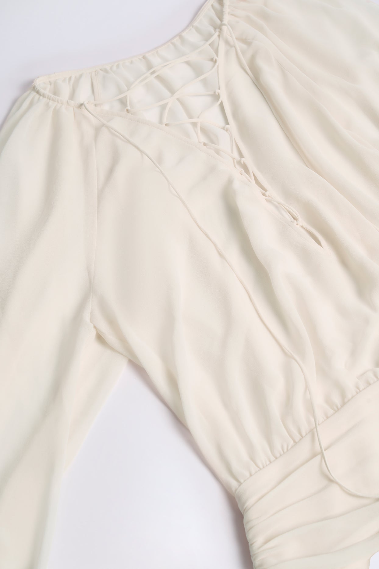 Lace-Up Balloon-Sleeve Mini Dress in Ivory - 4