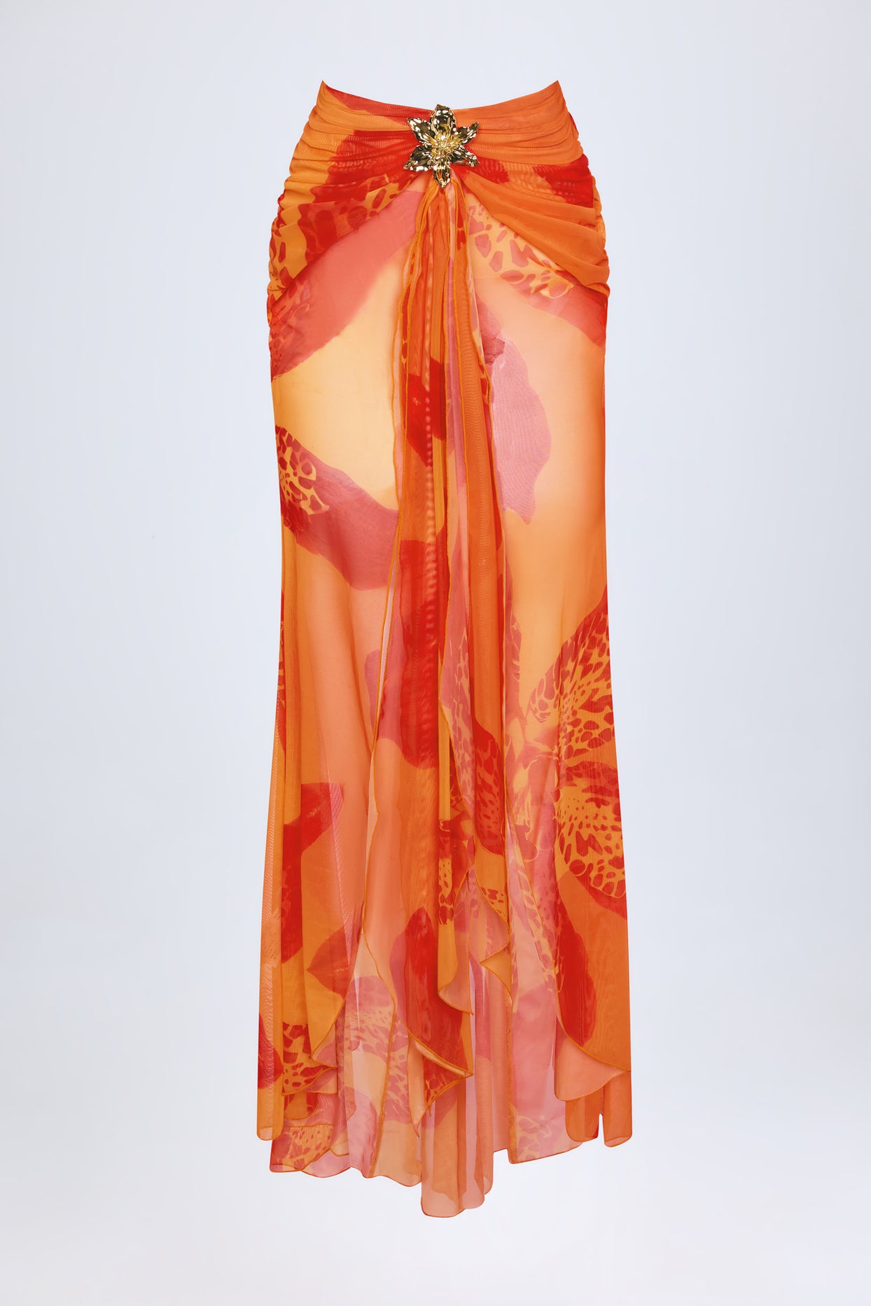 Ruched Hardware-Detail Fishtail Maxi Skirt in Orange Orchid Print - 3