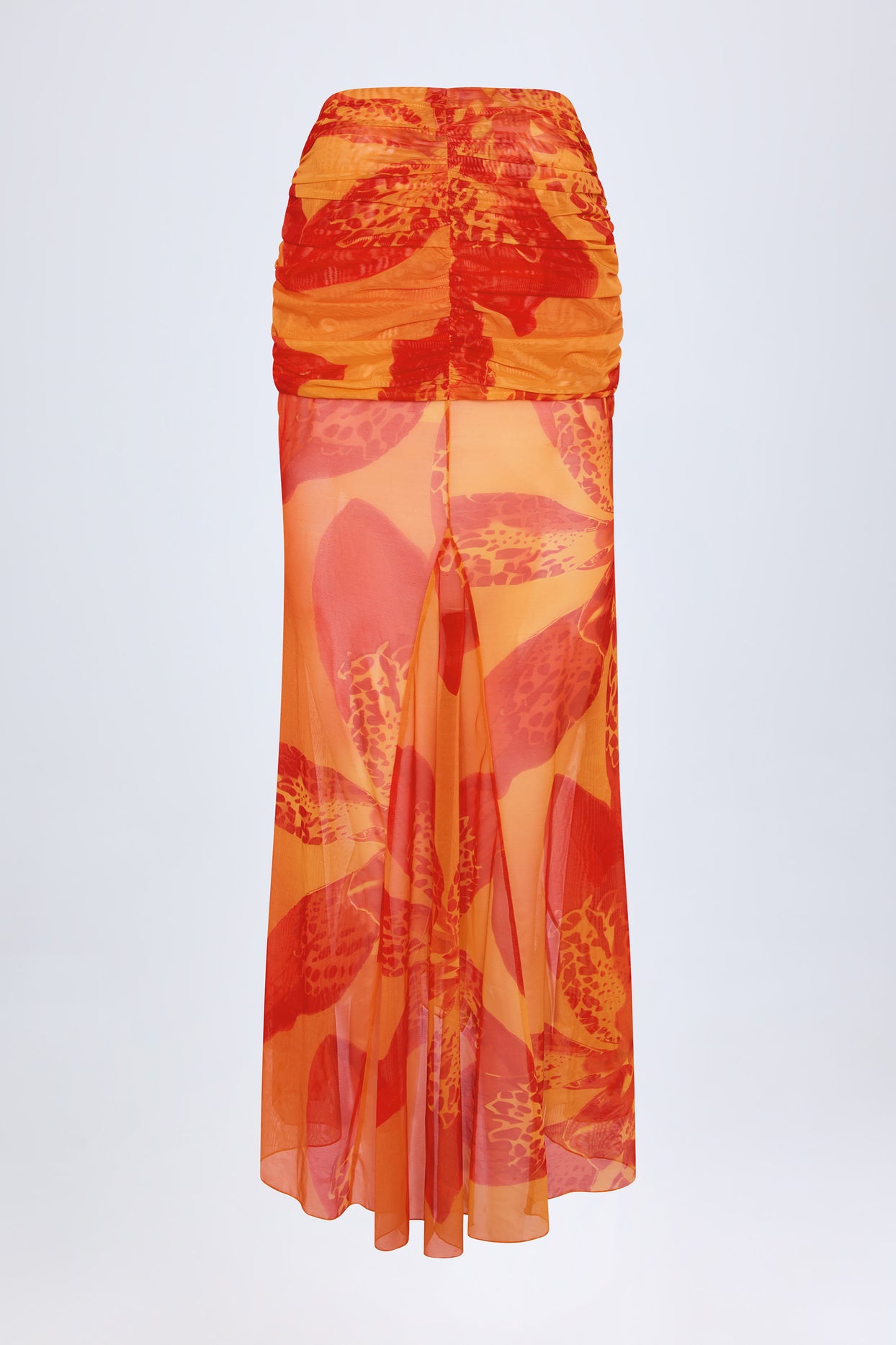 Ruched Hardware-Detail Fishtail Maxi Skirt in Orange Orchid Print - 4