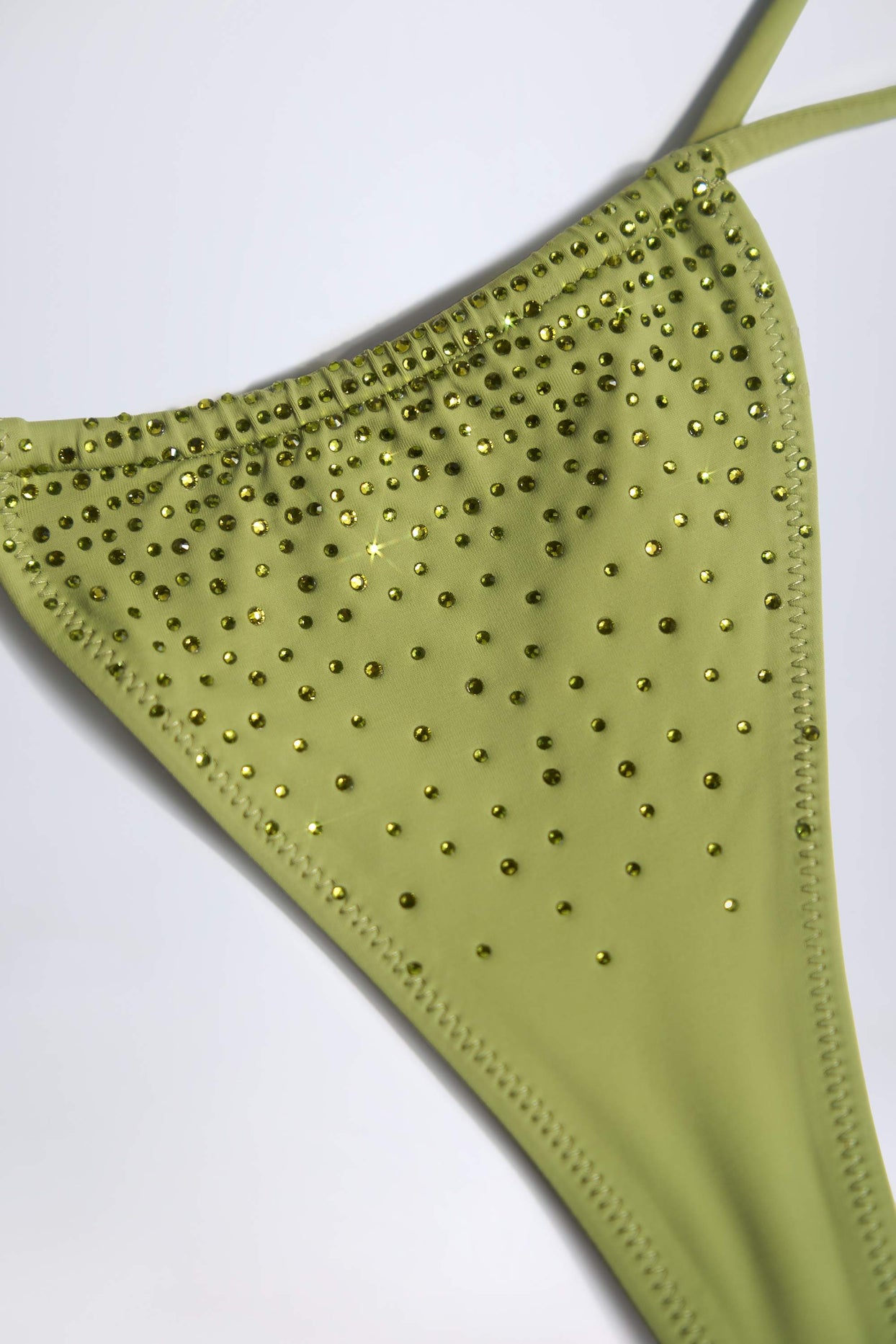 Embellished Drawstring Thong Bikini Bottoms in Olive Green - 5