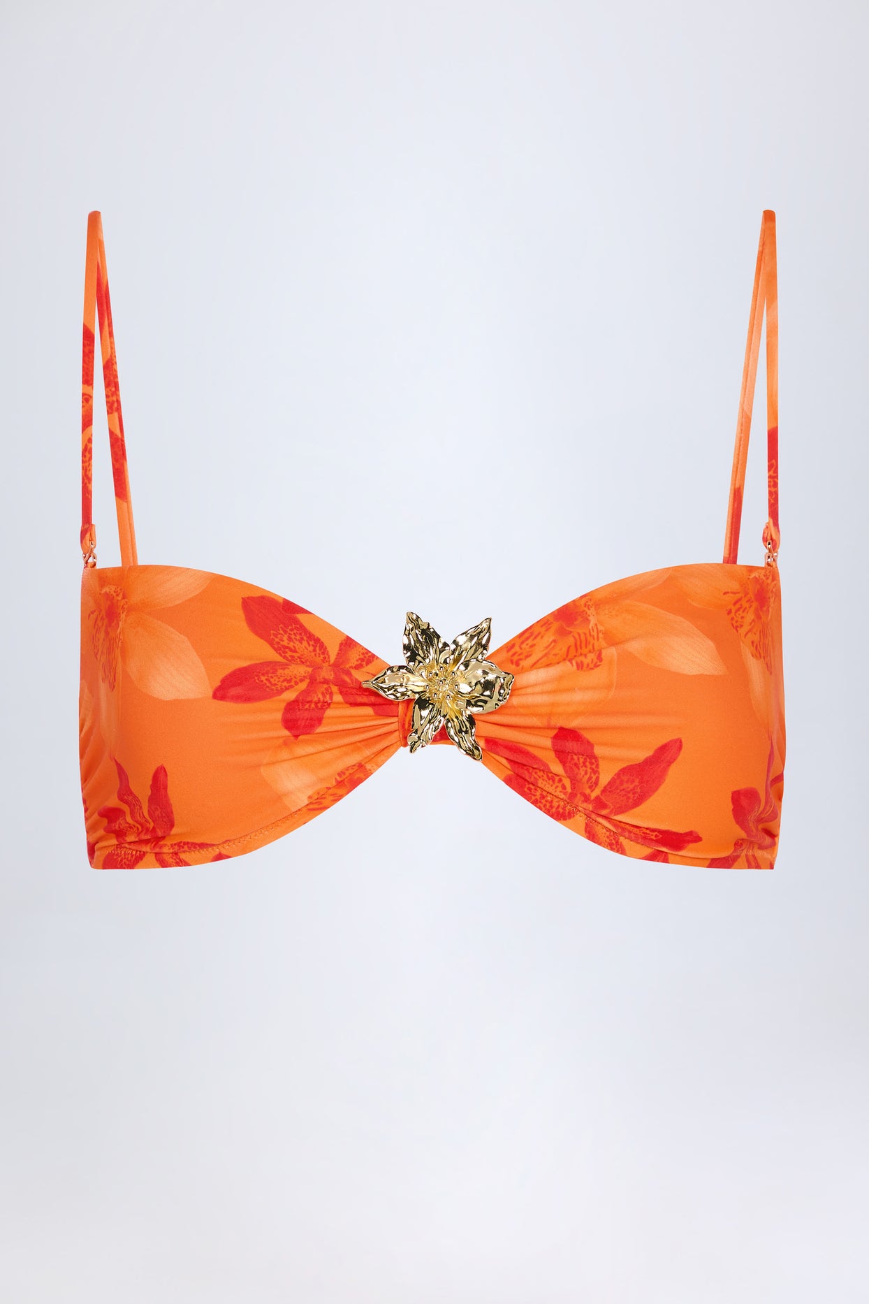 Hardware-Detail Halterneck Bikini Top in Orange Orchid Print - 3