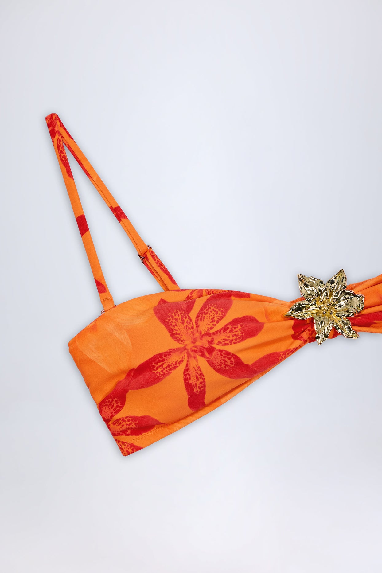 Hardware-Detail Halterneck Bikini Top in Orange Orchid Print - 6