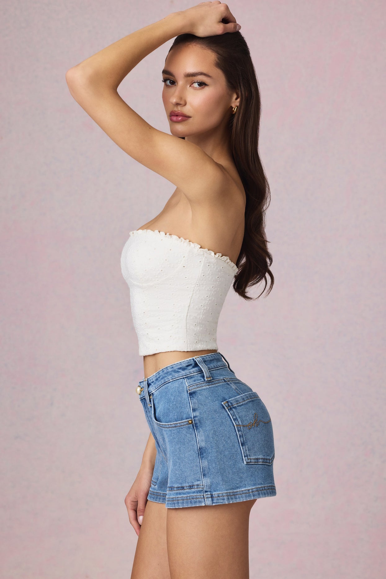 High-Waist A-Line Shorts in Mid-Blue Wash - 6