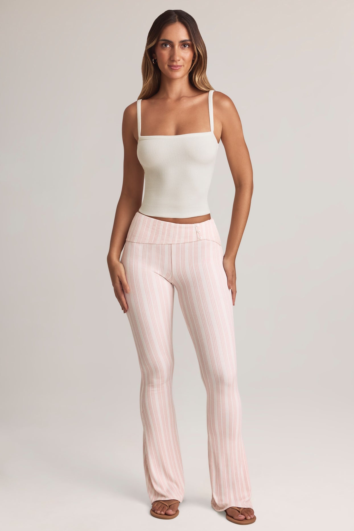Modal Foldover Mid-Rise Flared Trousers in Stripe Print - 1