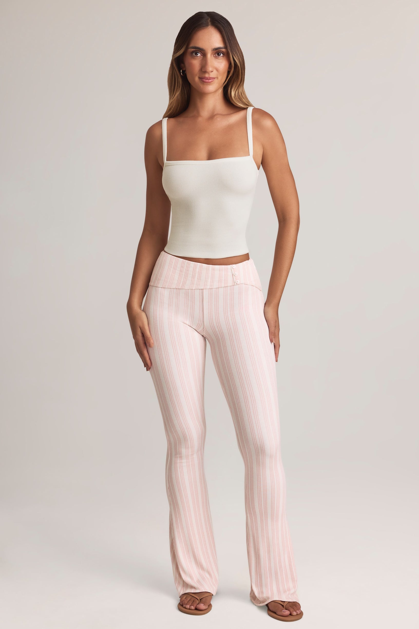 Modal Foldover Mid-Rise Flared Trousers in Stripe Print - 1