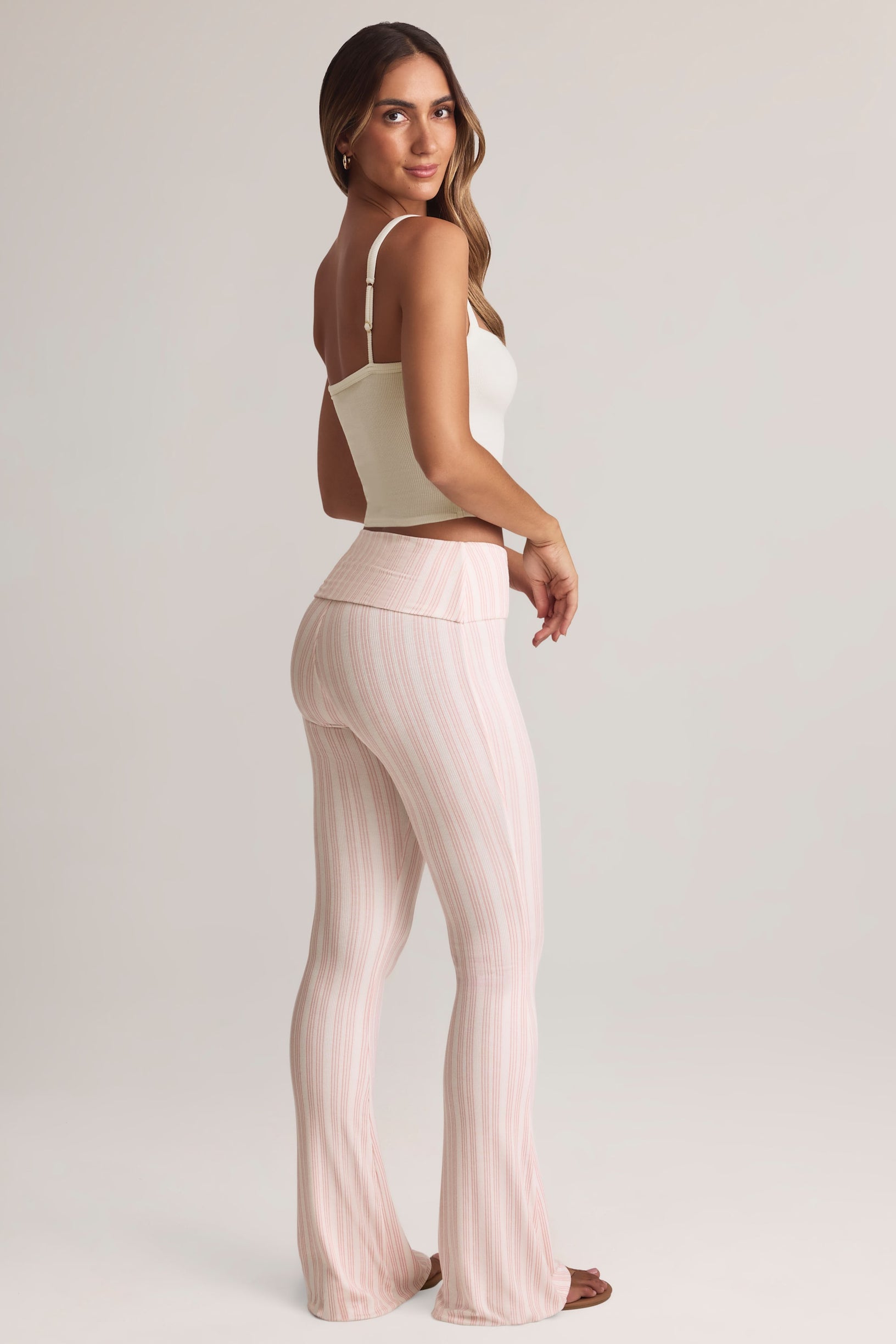 Modal Foldover Mid-Rise Flared Trousers in Stripe Print - 2