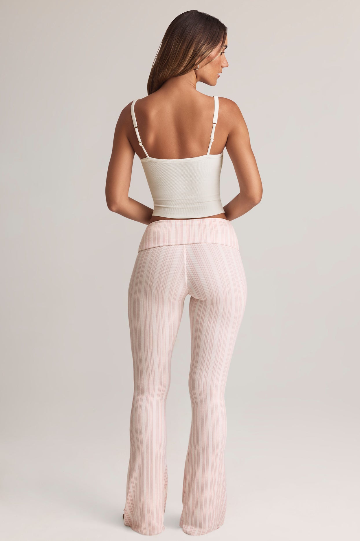 Modal Foldover Mid-Rise Flared Trousers in Stripe Print - 3