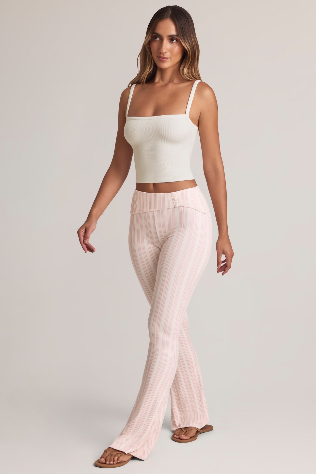 Modal Foldover Mid-Rise Flared Trousers in Stripe Print - 4