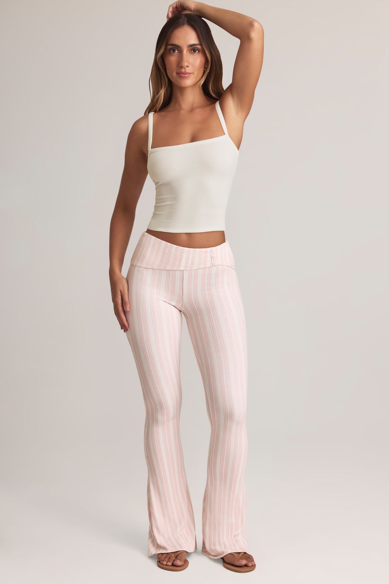 Modal Foldover Mid-Rise Flared Trousers in Stripe Print - 5